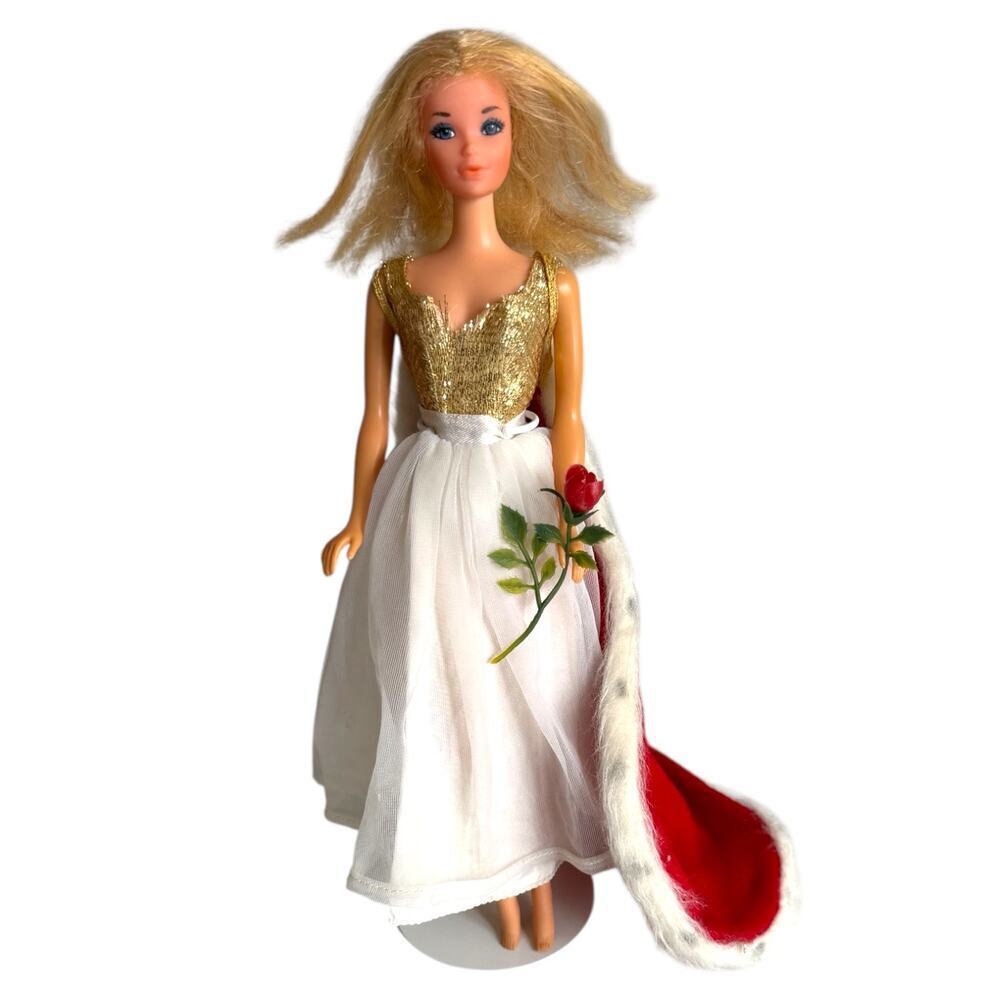 Vintage 70s Barbie Miss America Quick Curl Blonde Doll Gown Fur Cape Rose 8697